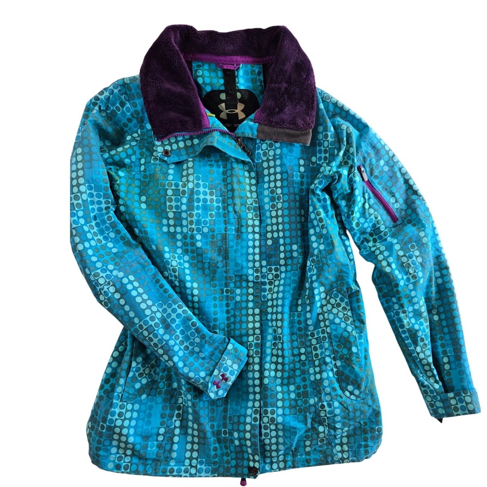 Under Armour Women S Teal Blue Geometric Dot Print Hooded Ski Jacket Pockets - Picture 13 of 16
